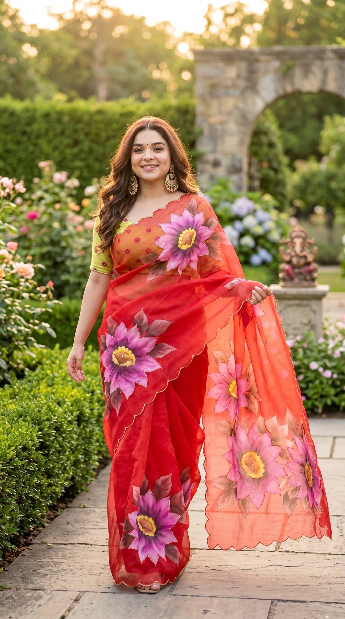 Soft Georgette Floral Digital Print Saree with Khatli Handwork
