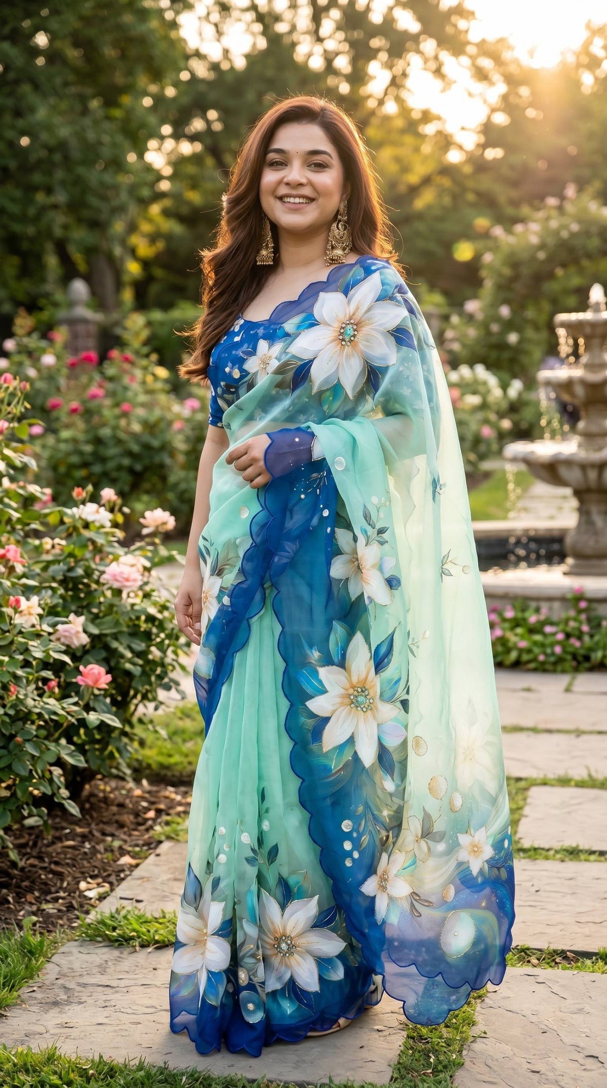 Soft Georgette Floral Digital Print Saree with Khatli Handwork