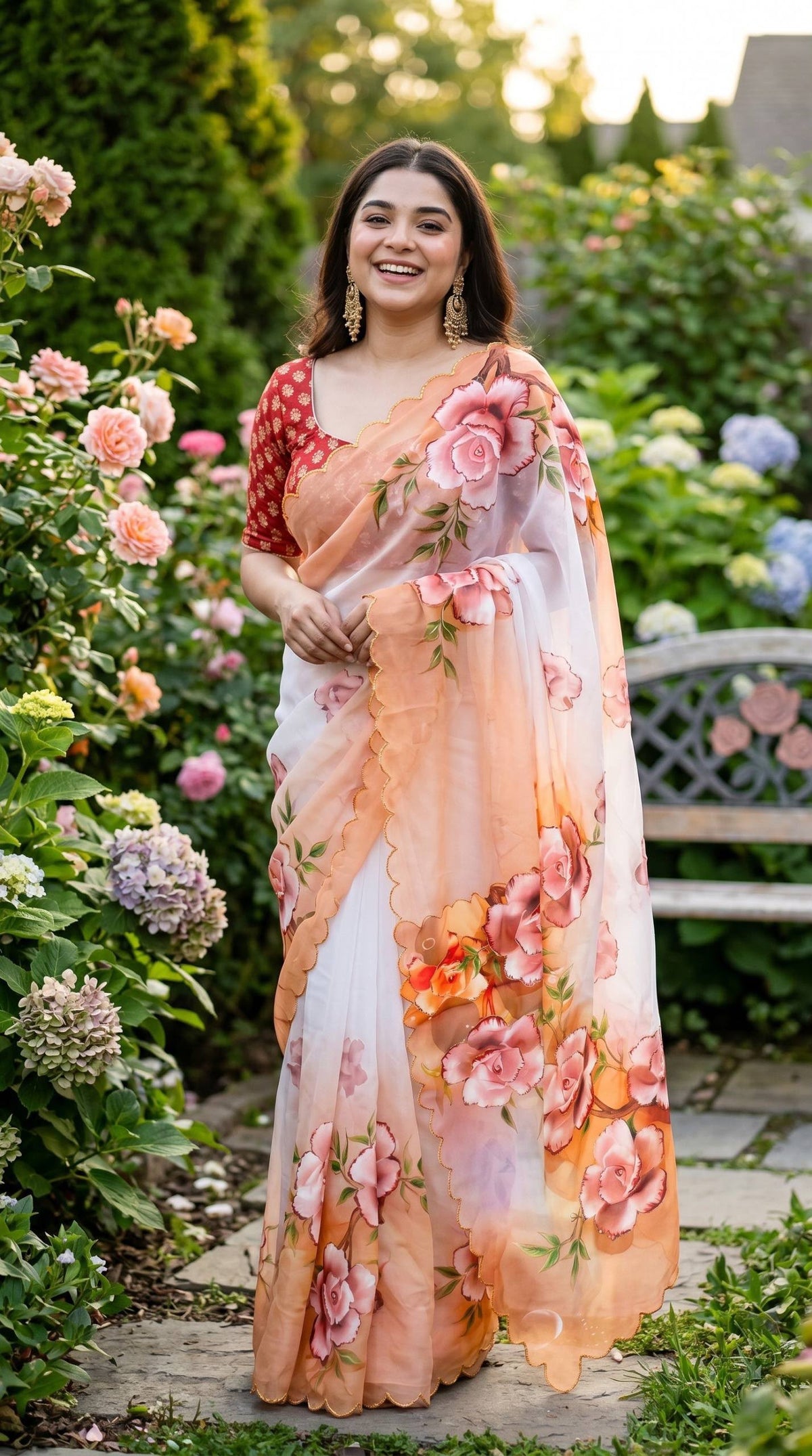 Soft Georgette Floral Digital Print Saree with Khatli Handwork