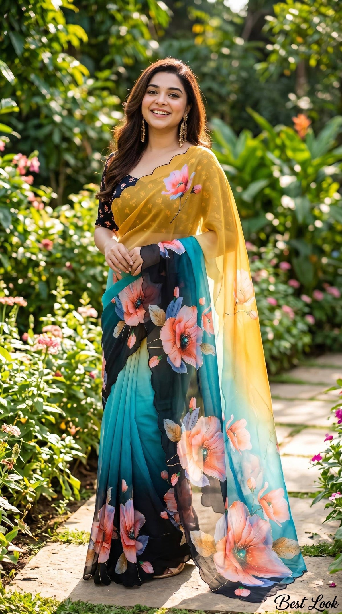 Soft Georgette Floral Digital Print Saree with Khatli Handwork