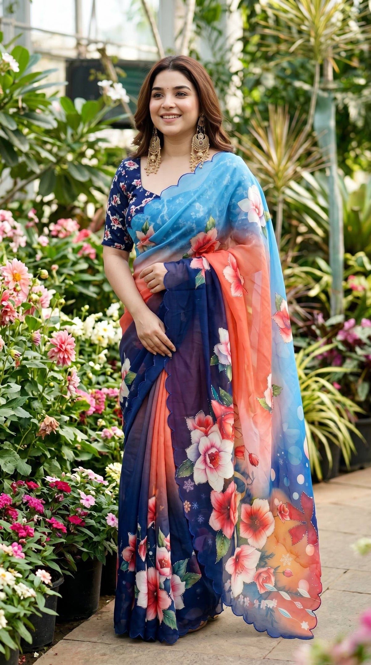 Soft Georgette Floral Digital Print Saree with Khatli Handwork