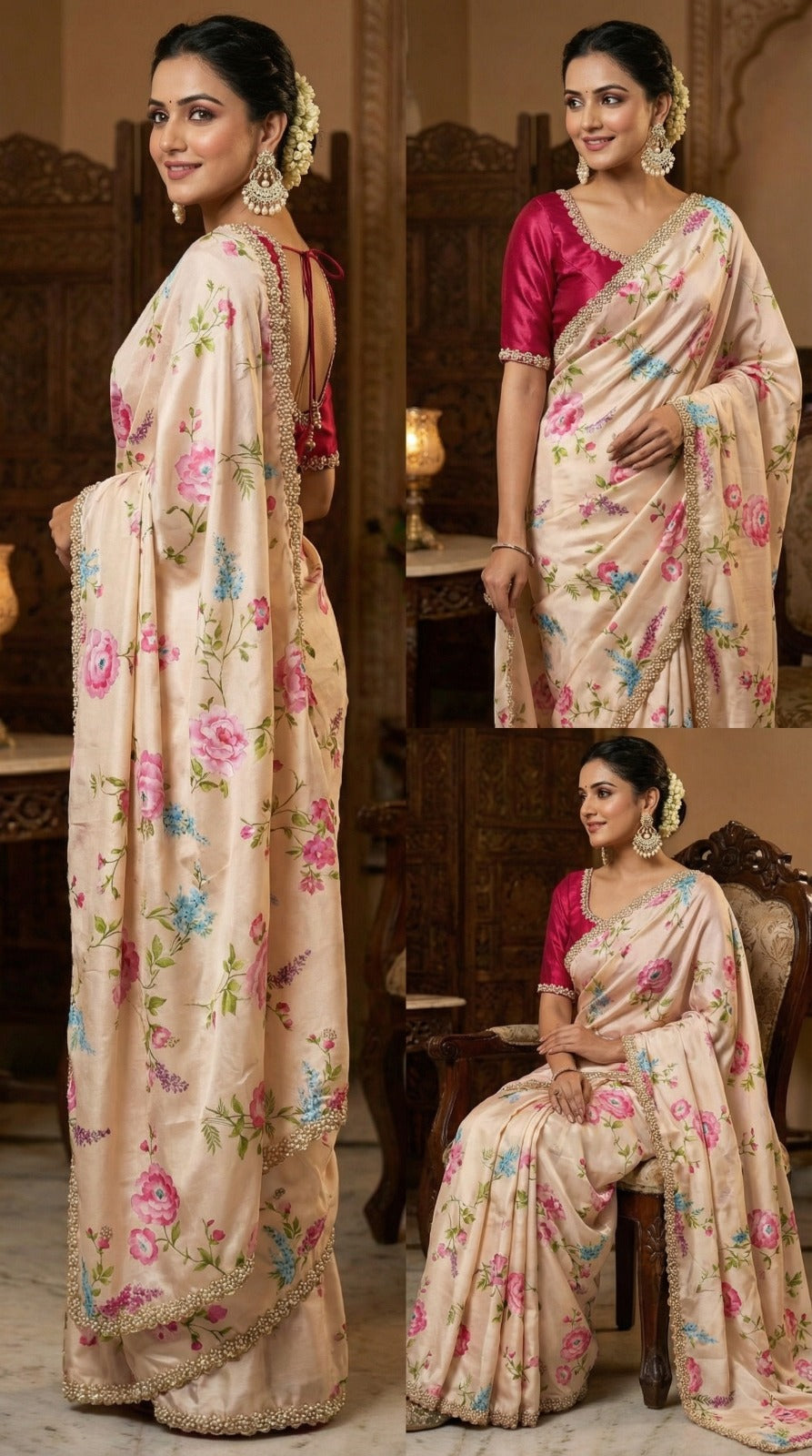 Jiya Chinnon Floral Saree with Embroidery & Diamond Work