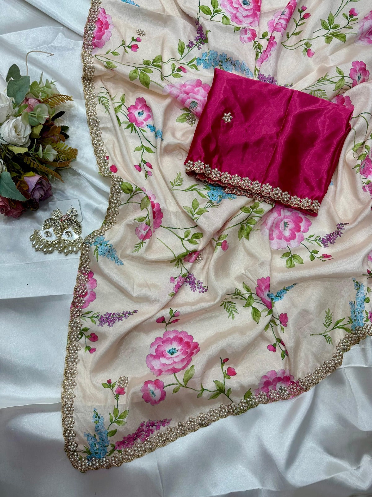 Jiya Chinnon Floral Saree with Embroidery & Diamond Work