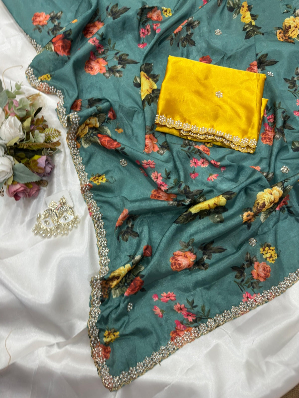 Jiya Chinnon Floral Saree with Embroidery & Diamond Work