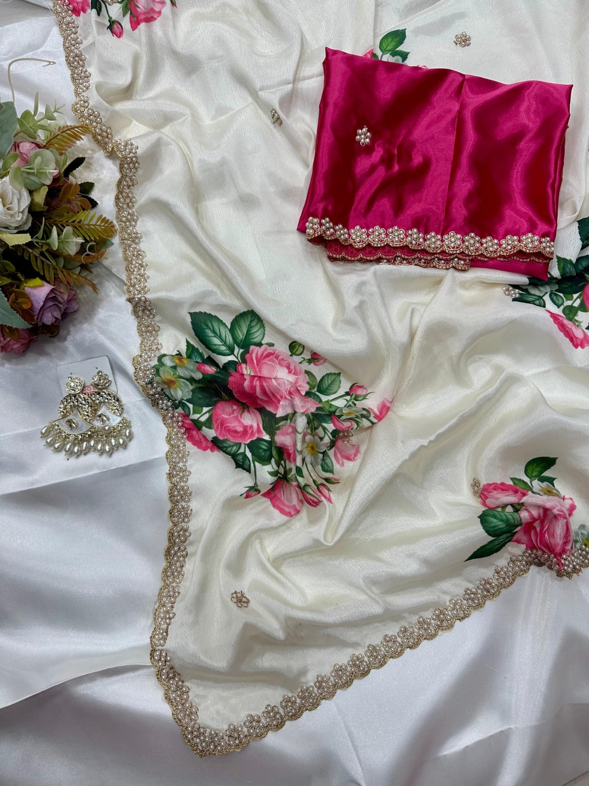 Jiya Chinnon Floral Saree with Embroidery & Diamond Work