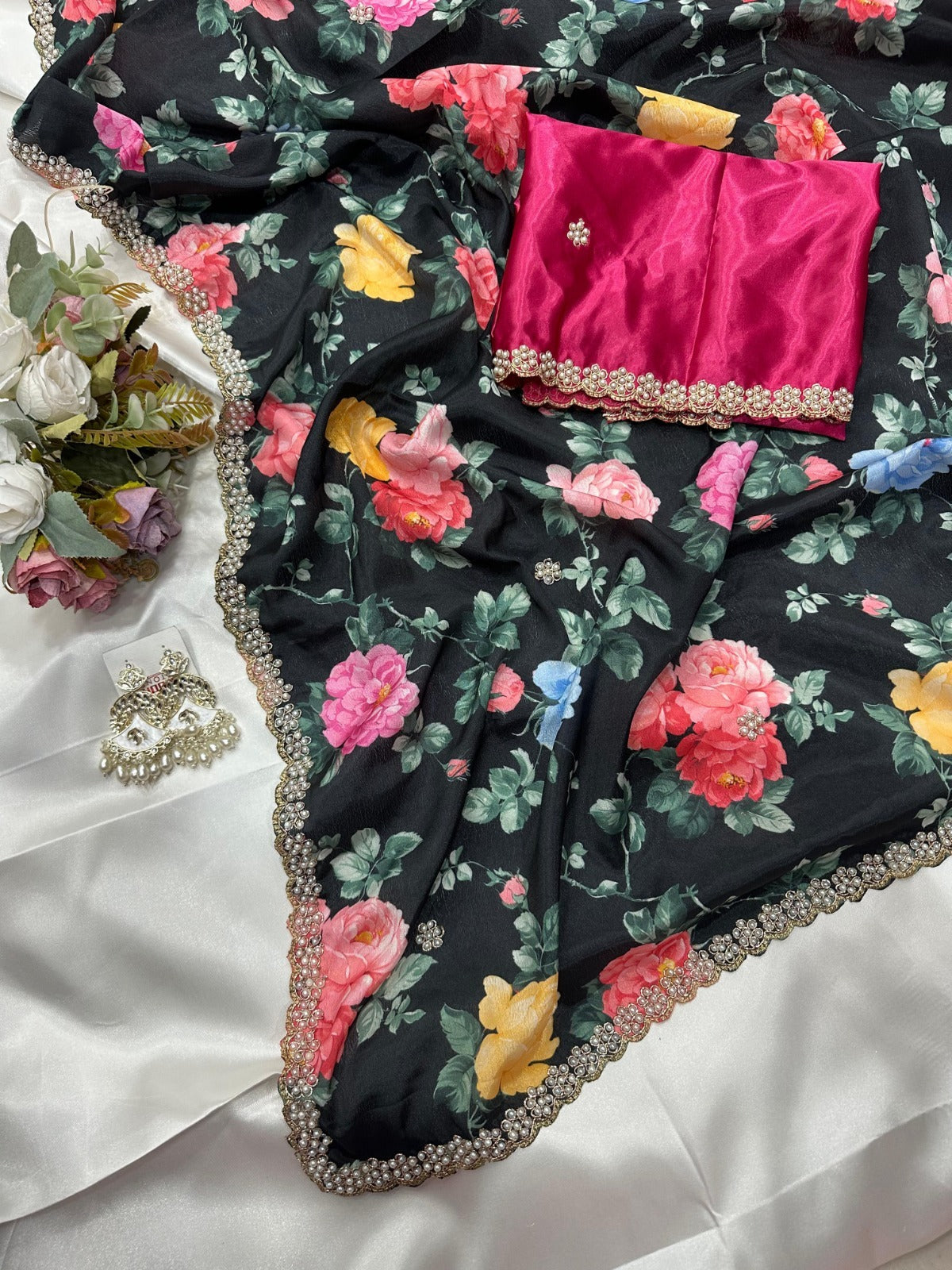 Jiya Chinnon Floral Saree with Embroidery & Diamond Work