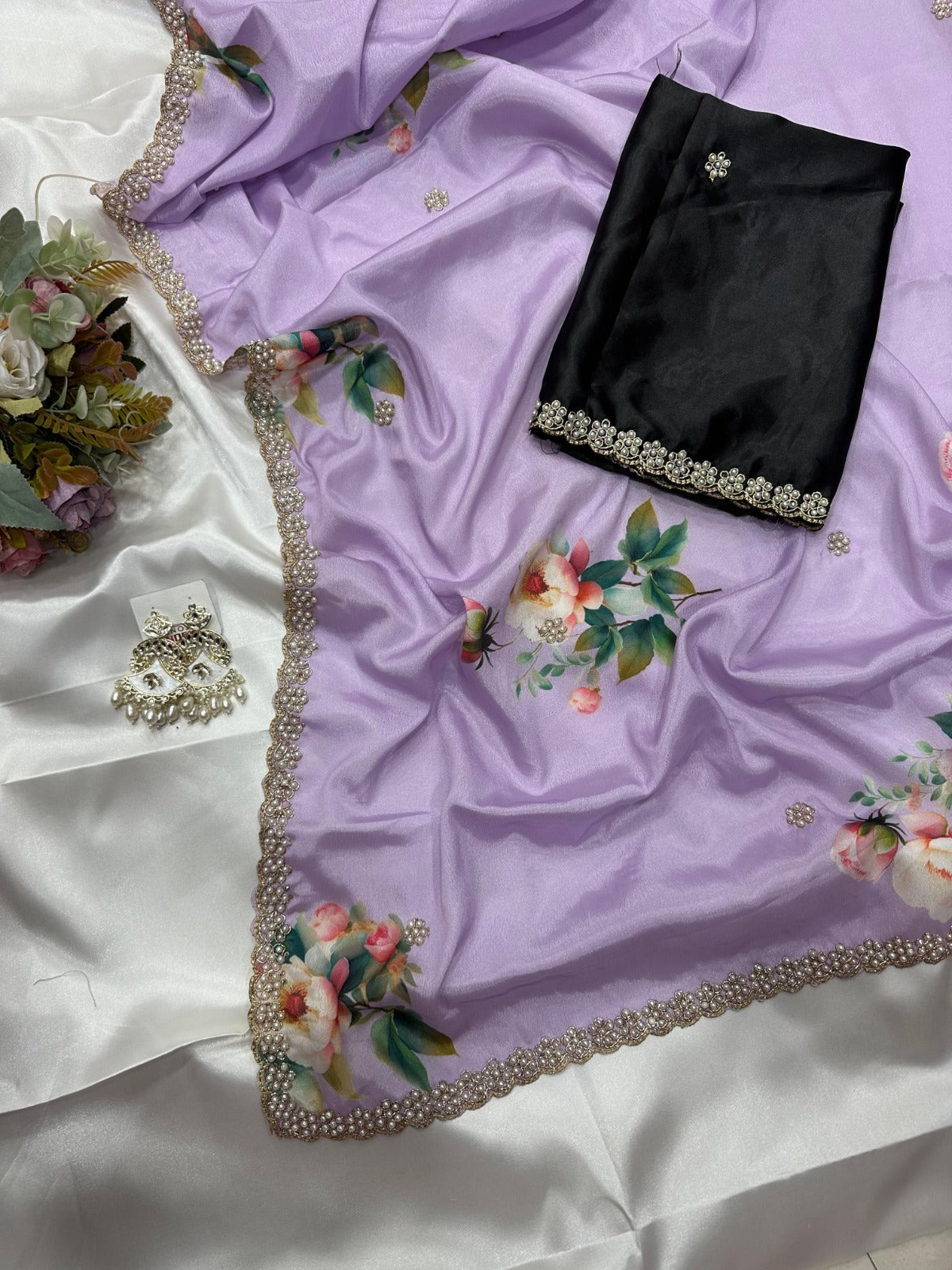 Jiya Chinnon Floral Saree with Embroidery & Diamond Work