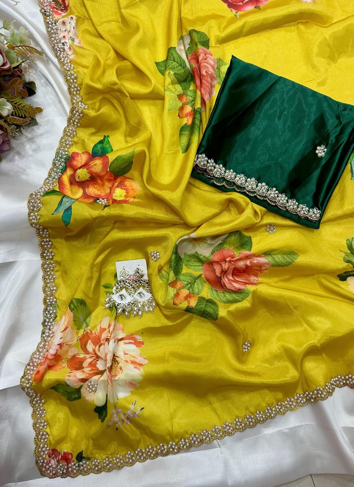 Jiya Chinnon Floral Saree with Embroidery & Diamond Work
