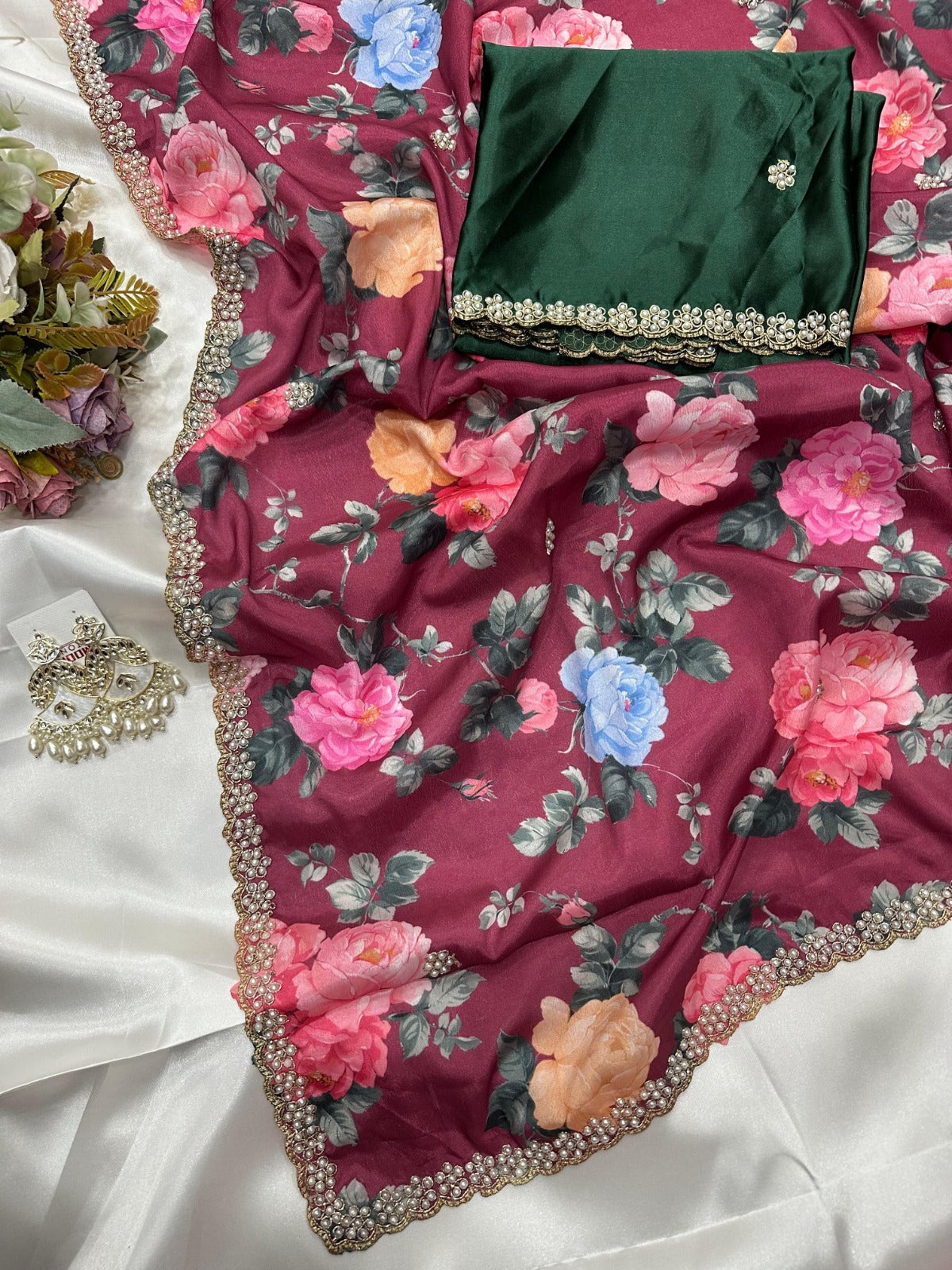 Jiya Chinnon Floral Saree with Embroidery & Diamond Work