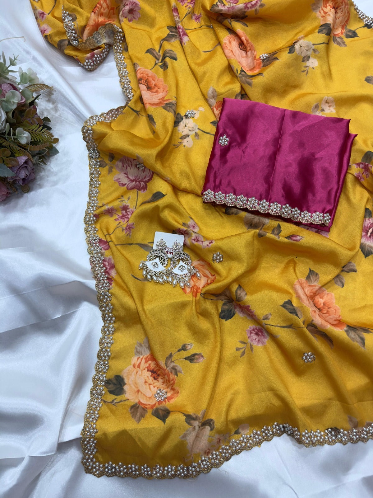 Jiya Chinnon Floral Saree with Embroidery & Diamond Work