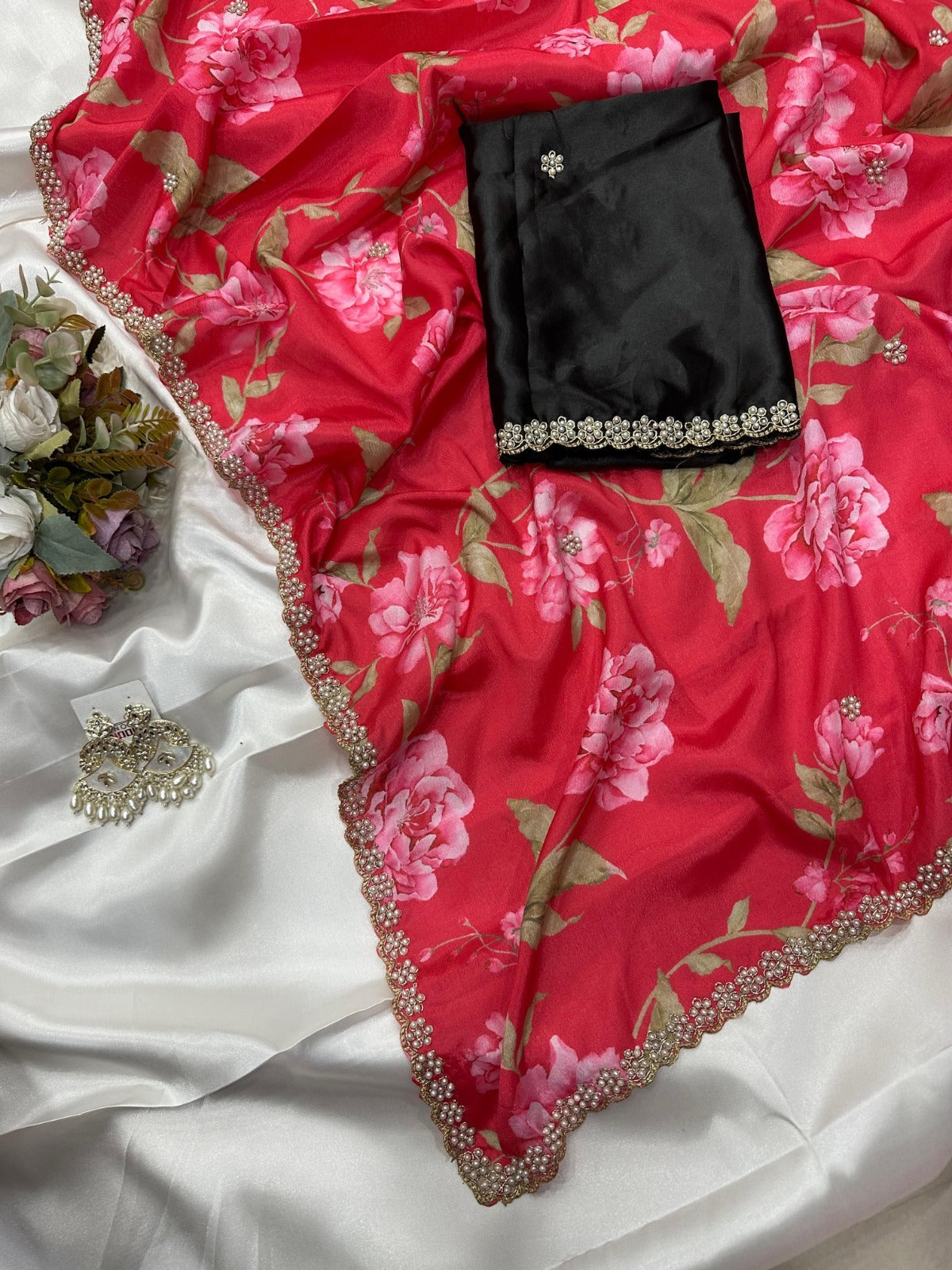 Jiya Chinnon Floral Saree with Embroidery & Diamond Work