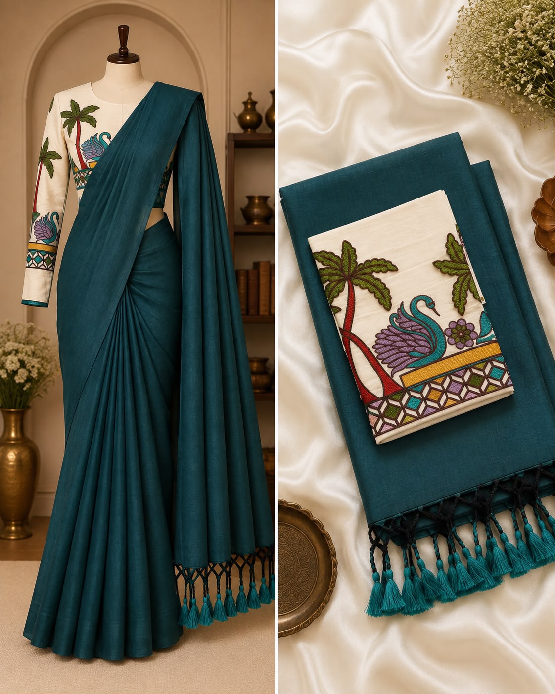 Handloom Khadi Cotton Saree with Embroidered Blouse & Tassels