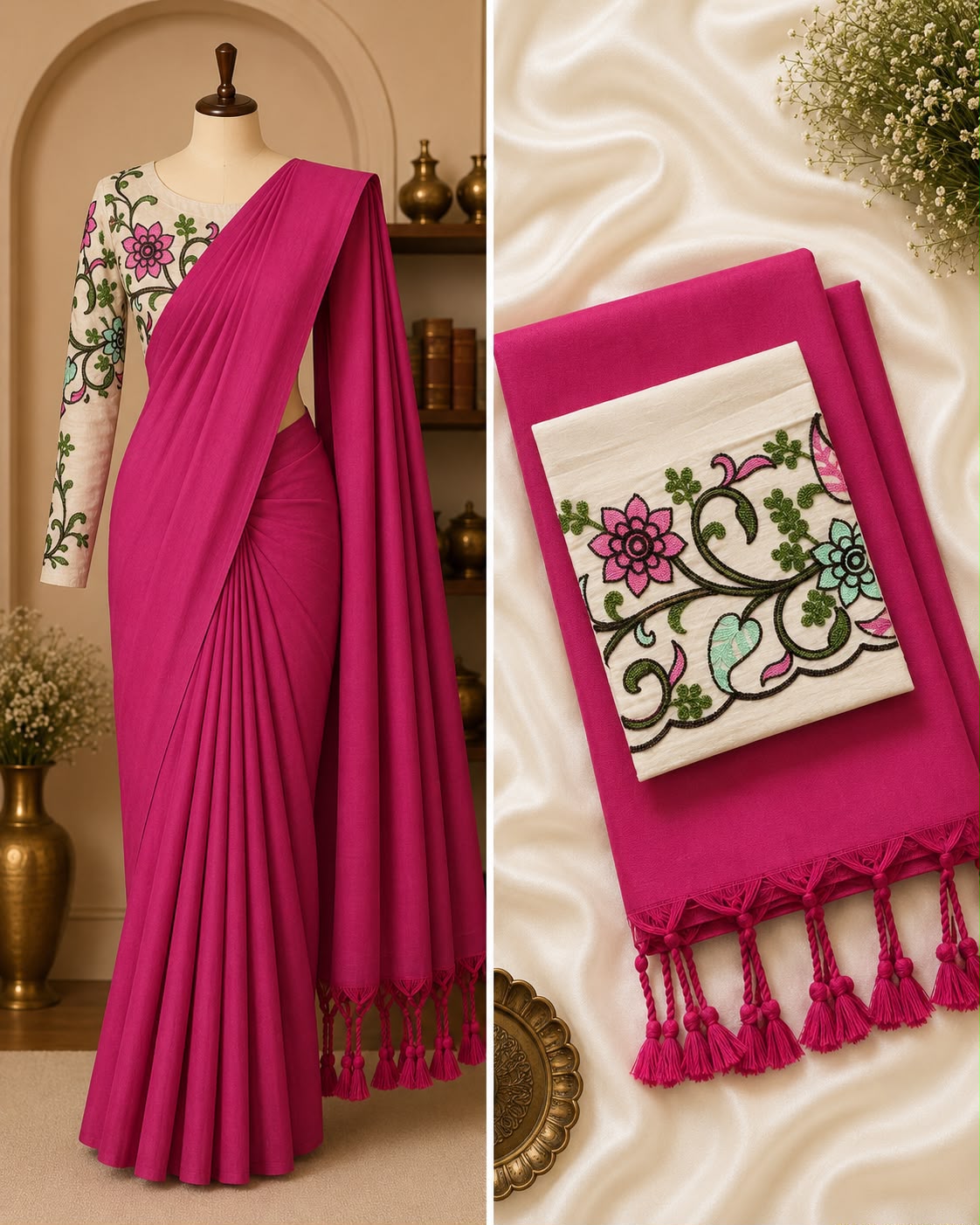 Handloom Khadi Cotton Saree with Embroidered Blouse & Tassels