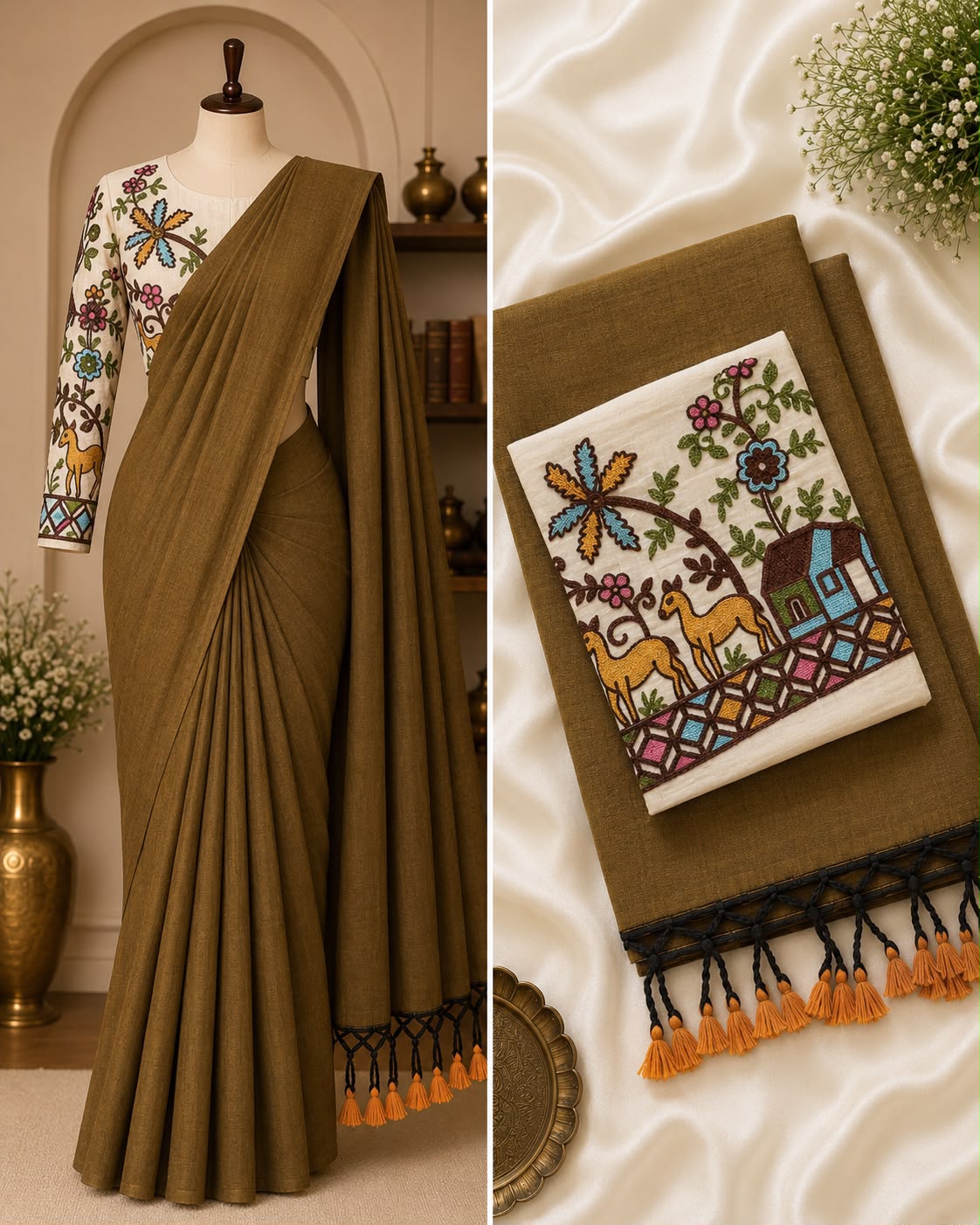 Handloom Khadi Cotton Saree with Embroidered Blouse & Tassels