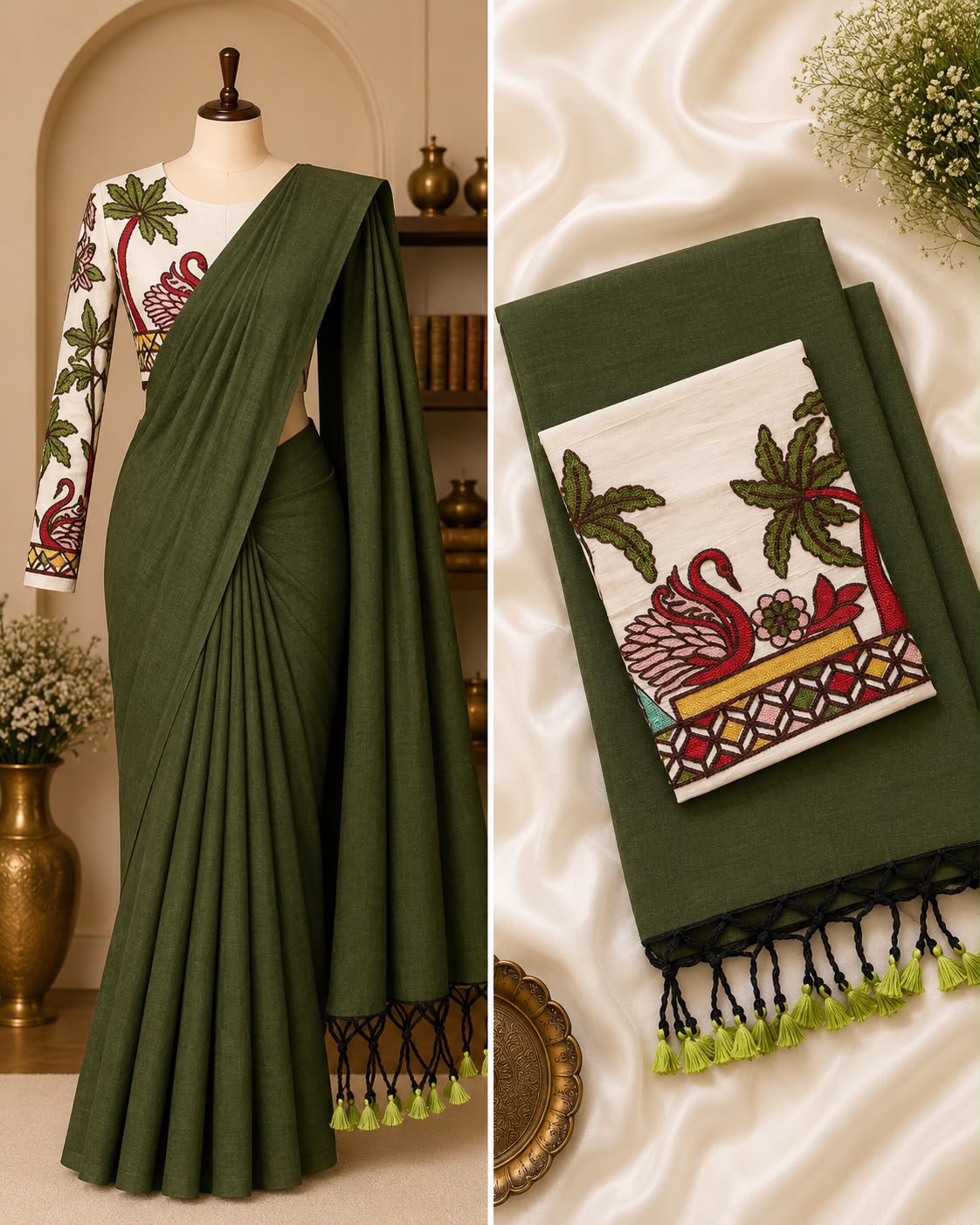 Handloom Khadi Cotton Saree with Embroidered Blouse & Tassels