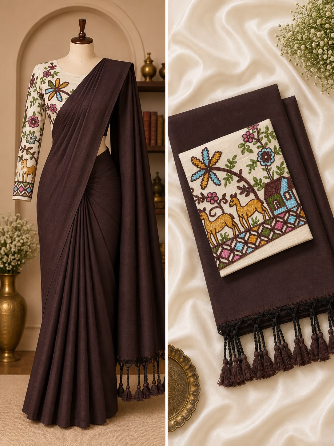 Handloom Khadi Cotton Saree with Embroidered Blouse & Tassels