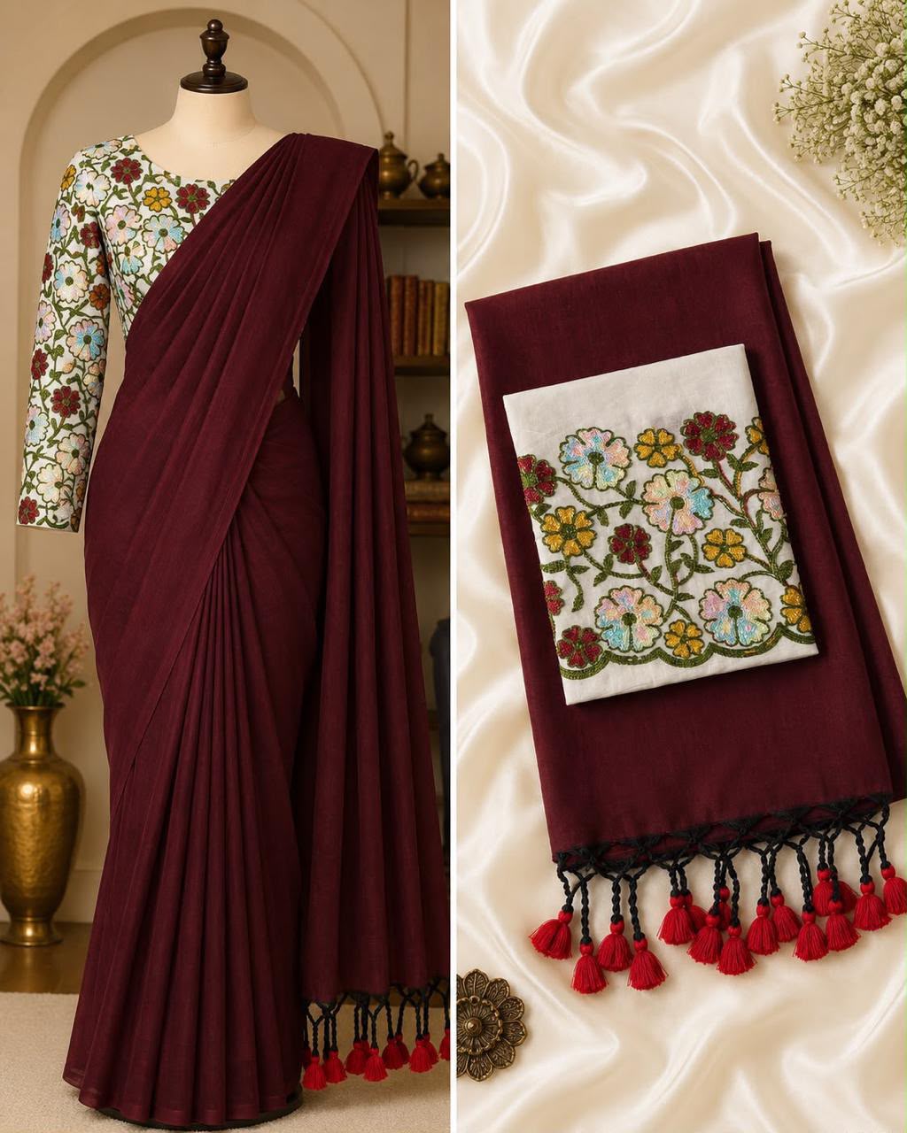Handloom Khadi Cotton Saree with Embroidered Blouse & Tassels