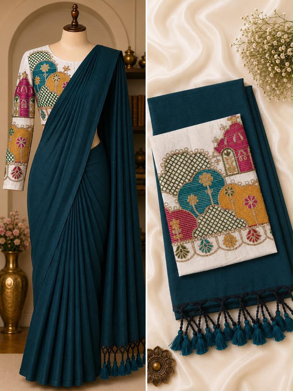 Handloom Khadi Cotton Saree with Embroidered Blouse & Tassels