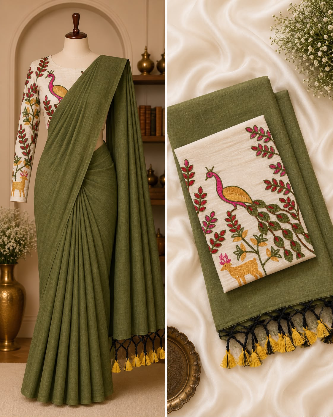 Handloom Khadi Cotton Saree with Embroidered Blouse & Tassels