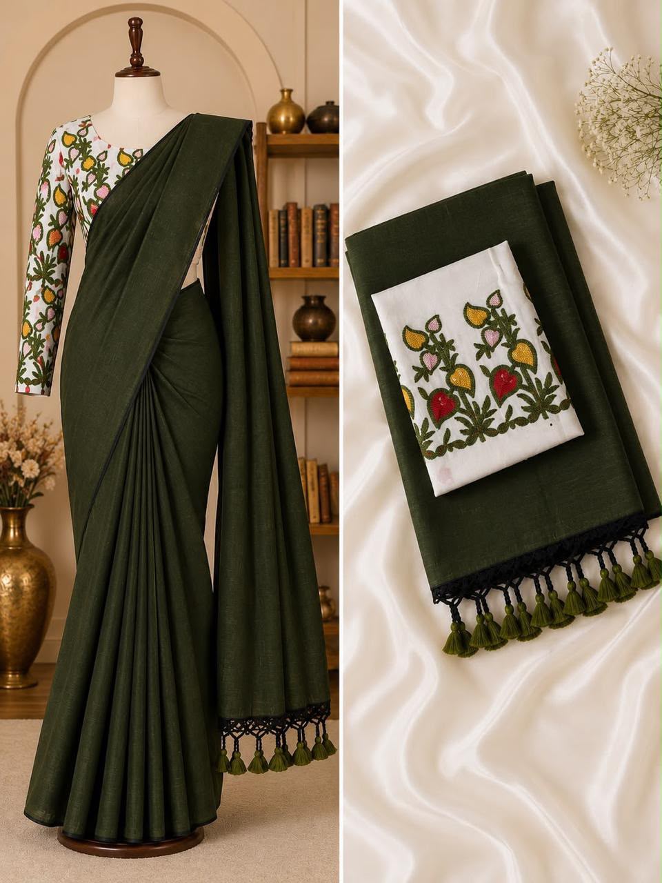 Handloom Khadi Cotton Saree with Embroidered Blouse & Tassels