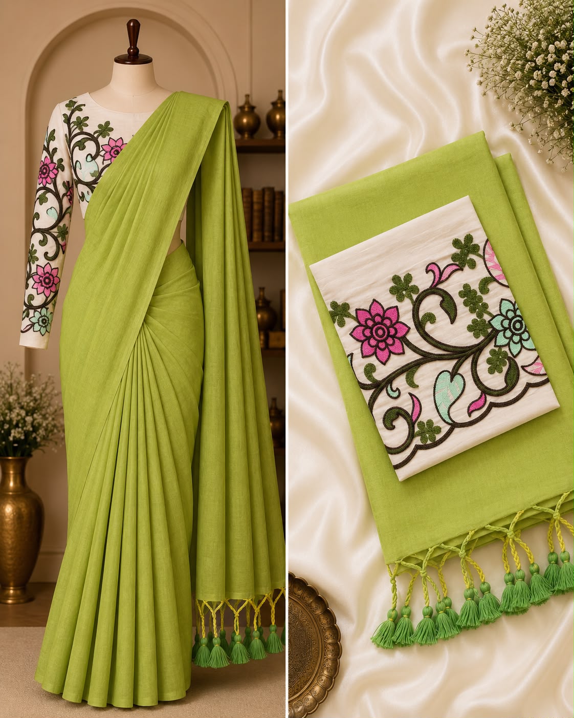 Handloom Khadi Cotton Saree with Embroidered Blouse & Tassels