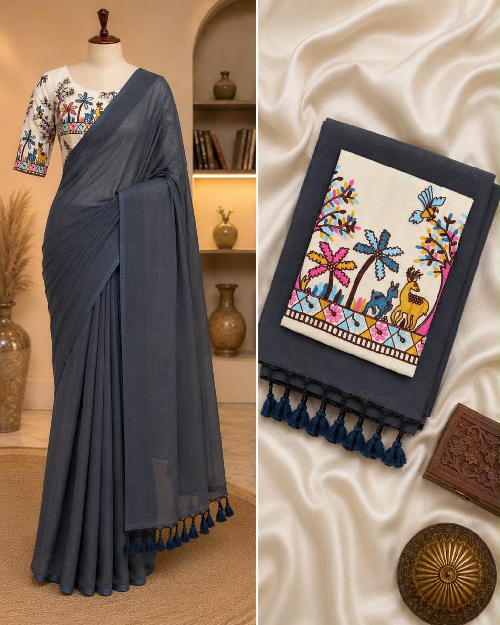 Handloom Khadi Cotton Saree with Embroidered Blouse & Tassels
