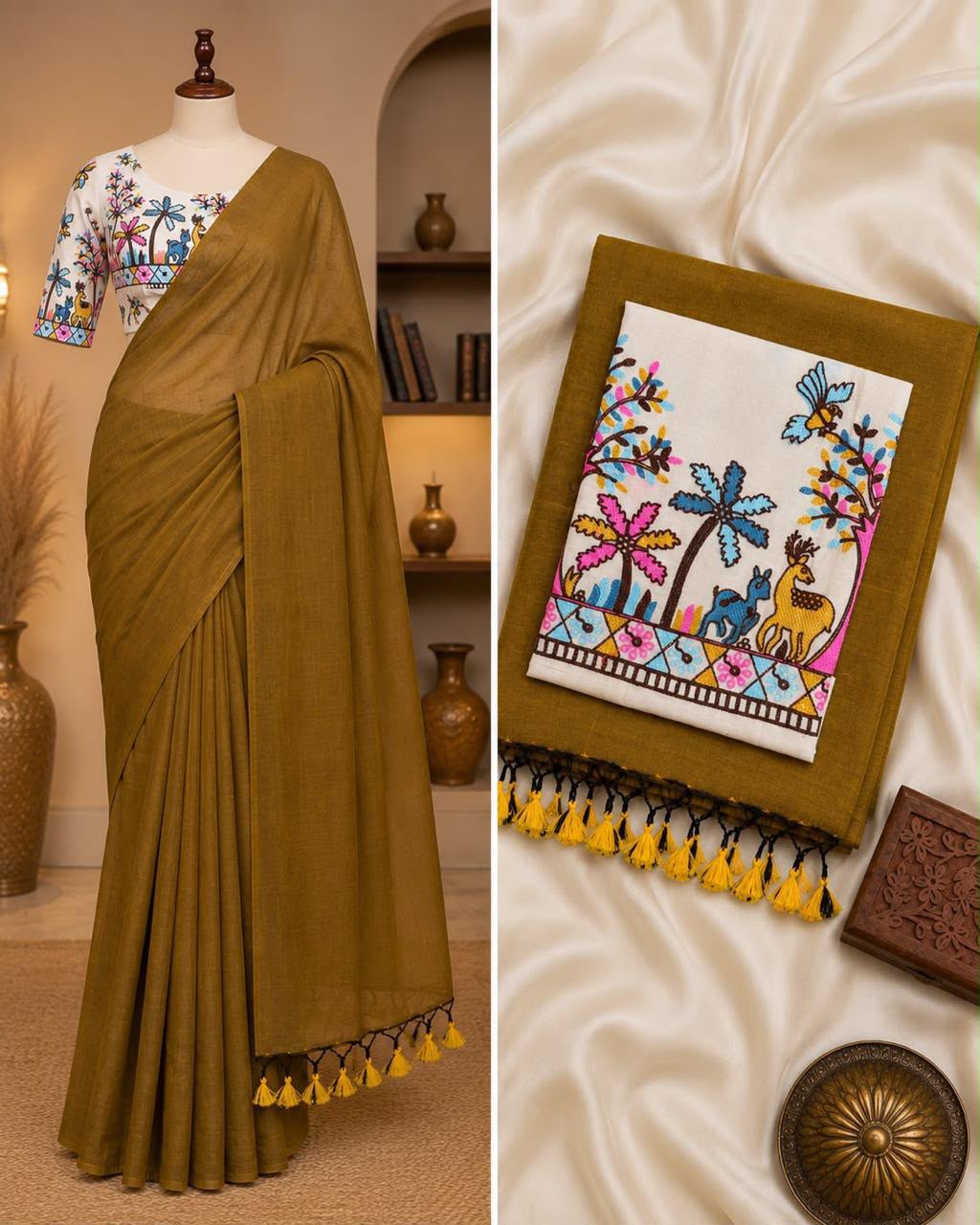 Handloom Khadi Cotton Saree with Embroidered Blouse & Tassels