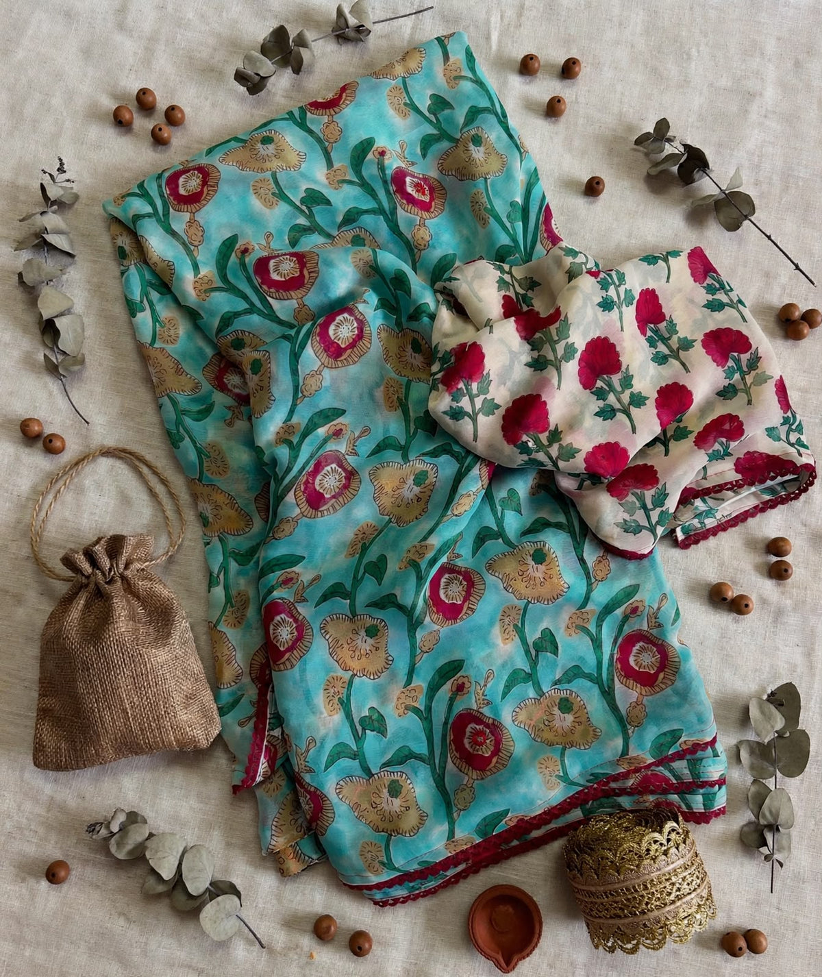 Floral Print Soft Georgette Saree with Embroidered Border