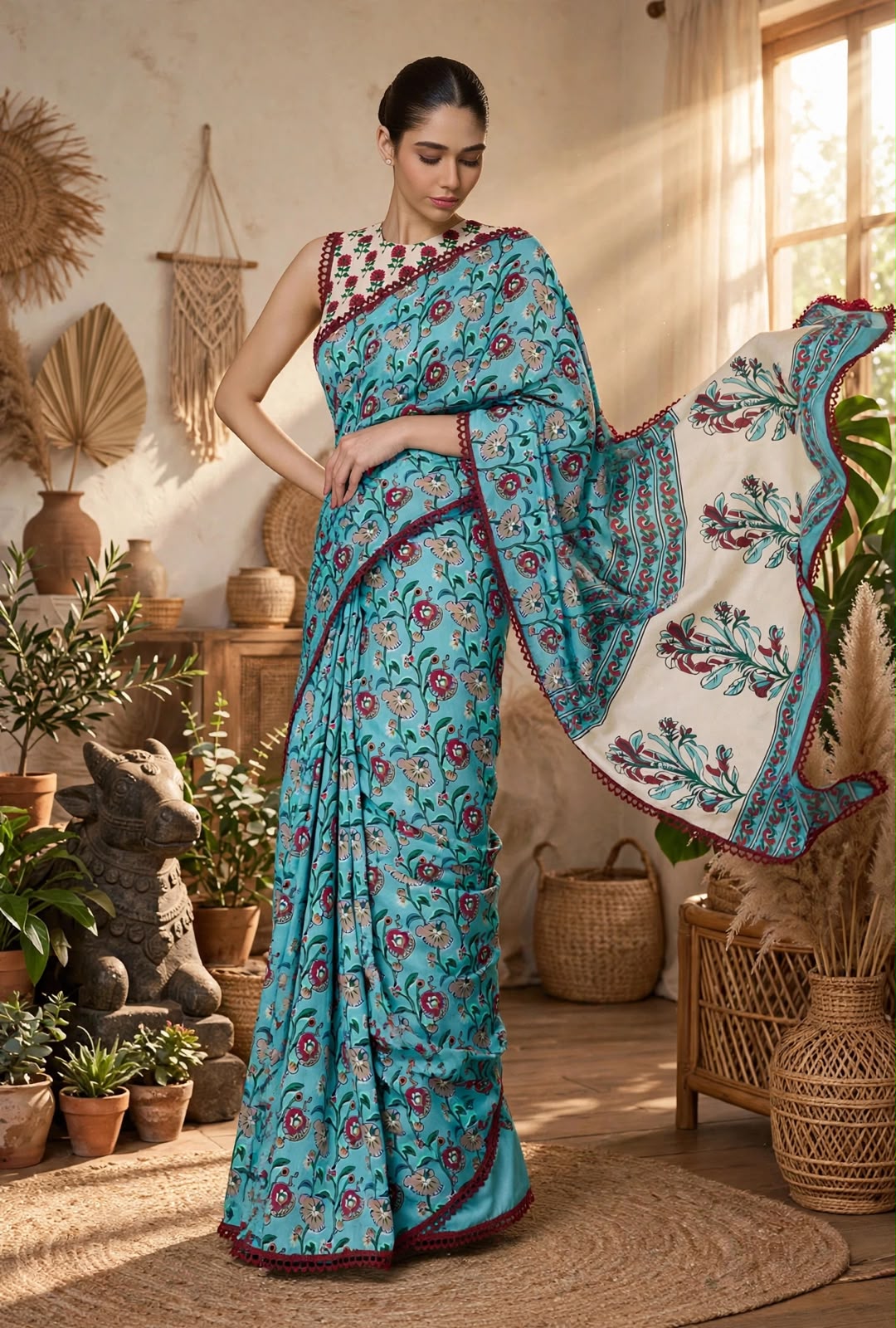 Floral Print Soft Georgette Saree with Embroidered Border