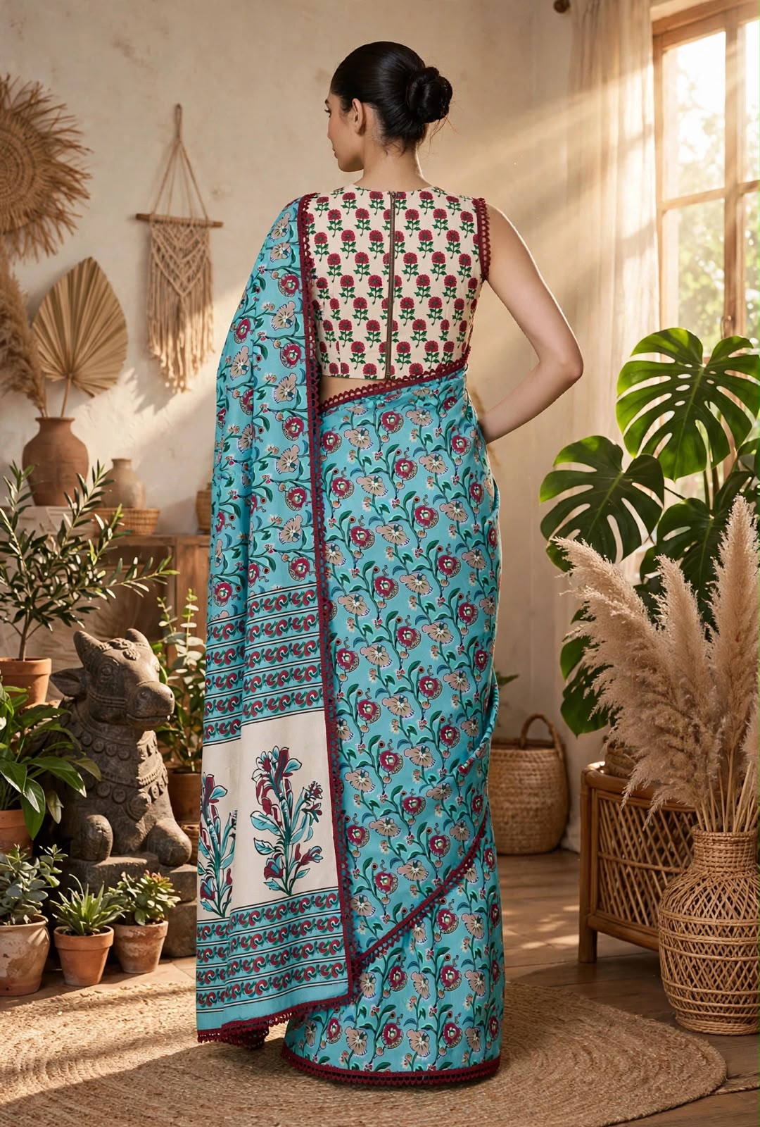 Floral Print Soft Georgette Saree with Embroidered Border