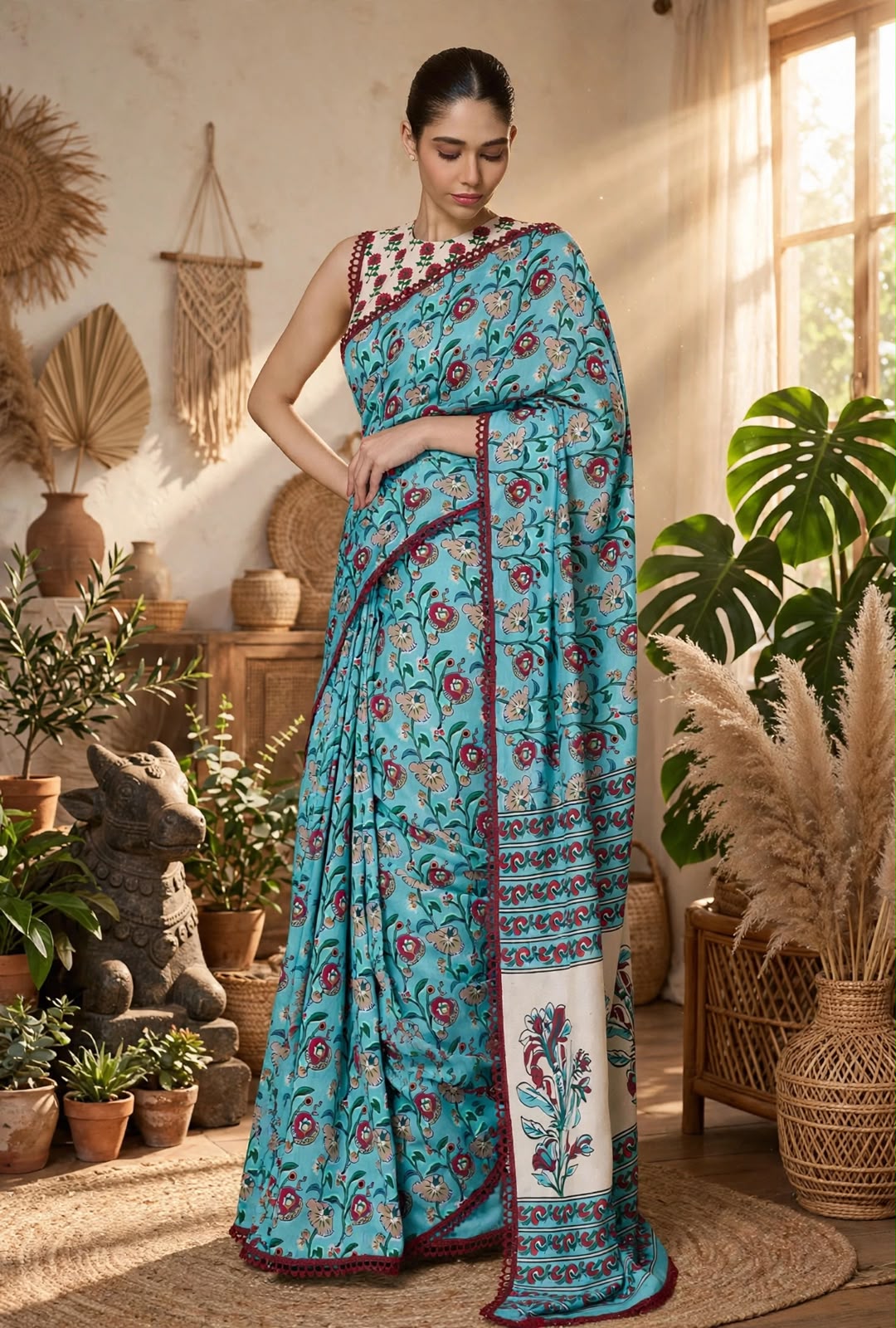 Floral Print Soft Georgette Saree with Embroidered Border