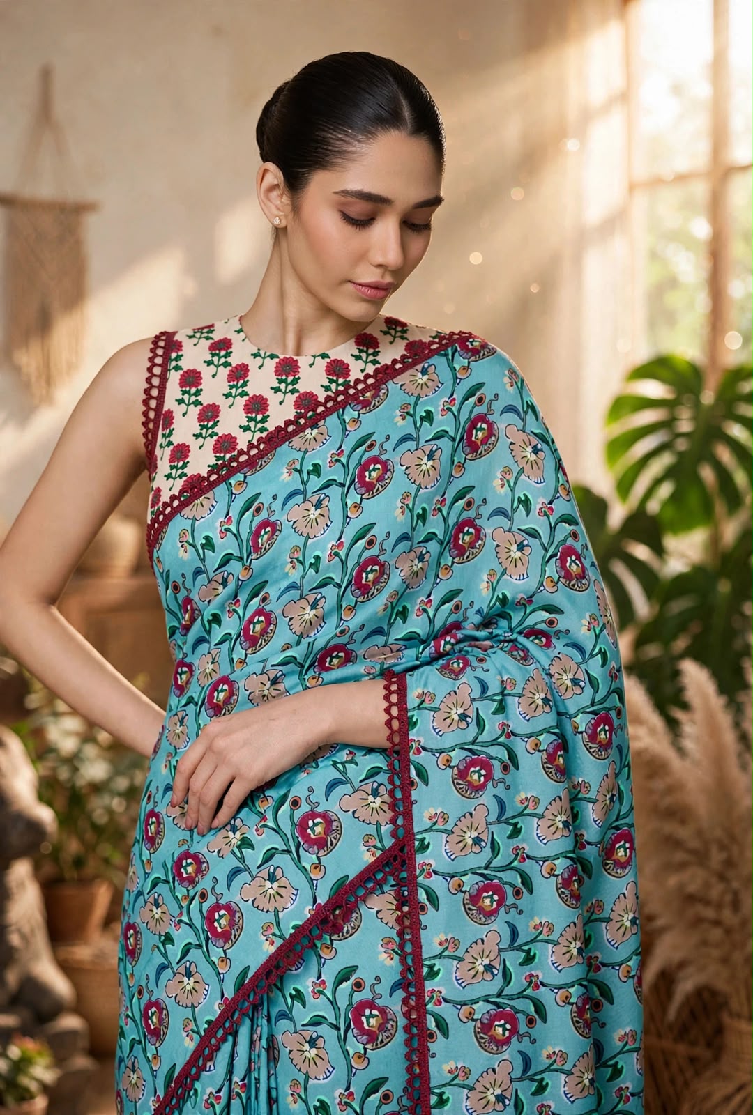 Floral Print Soft Georgette Saree with Embroidered Border