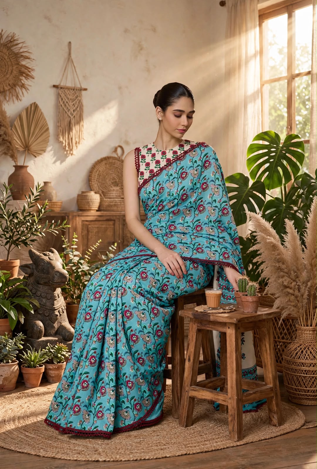 Floral Print Soft Georgette Saree with Embroidered Border