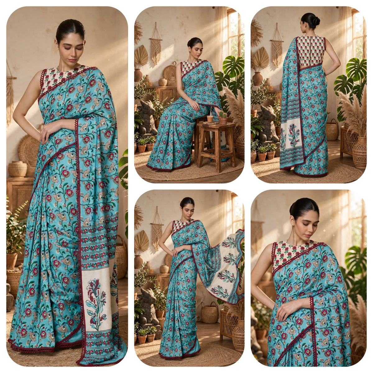 Floral Print Soft Georgette Saree with Embroidered Border