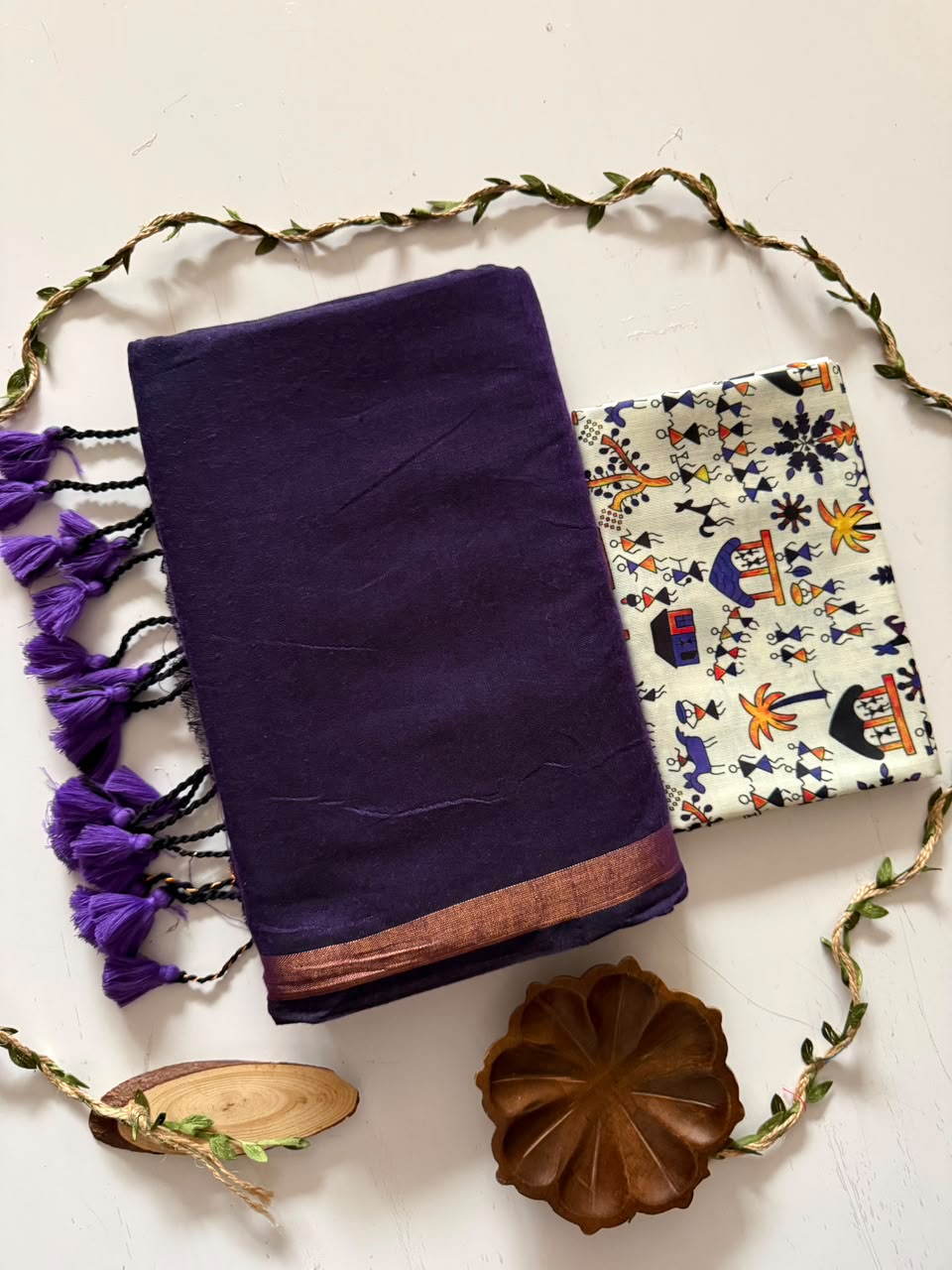 Handloom Khadi Cotton Saree with Zari Border & Printed Blouse