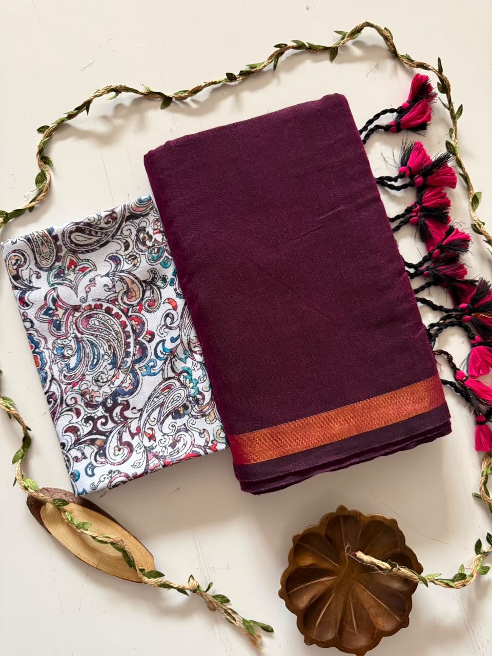Handloom Khadi Cotton Saree with Zari Border & Printed Blouse