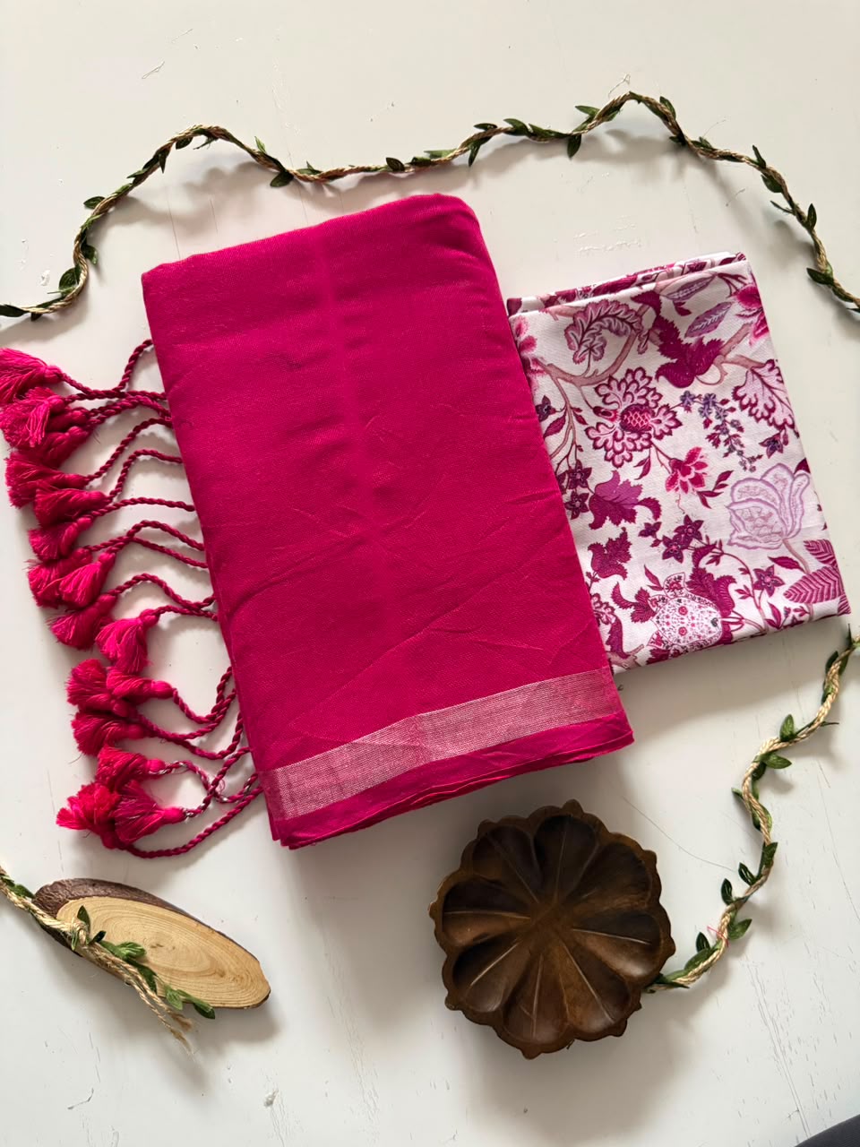 Handloom Khadi Cotton Saree with Zari Border & Printed Blouse