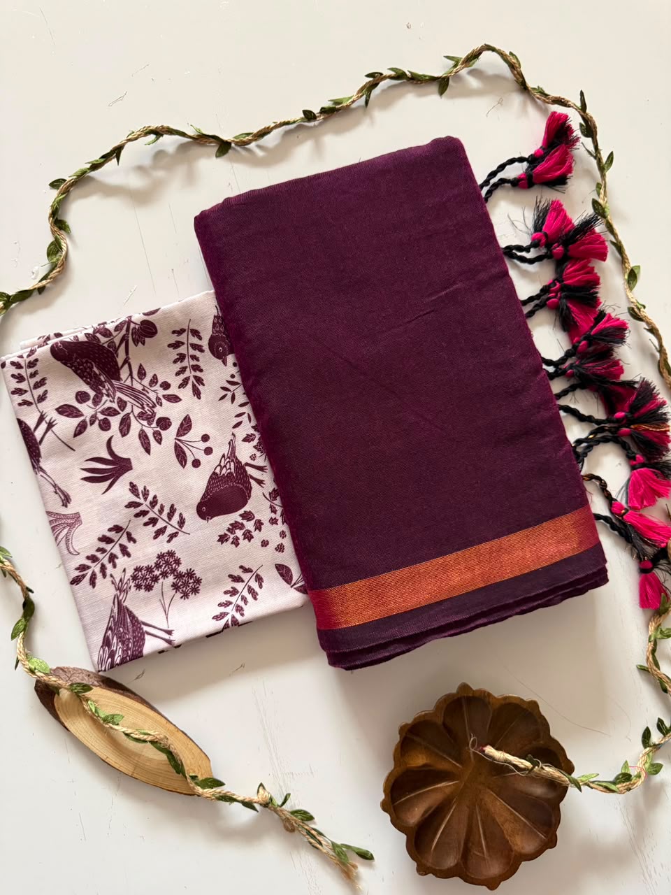 Handloom Khadi Cotton Saree with Zari Border & Printed Blouse