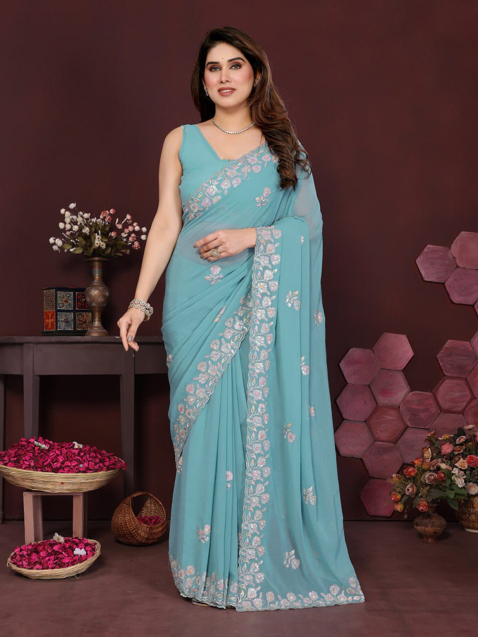 Nityapriya A-65 Georgette Silk Embroidered Saree