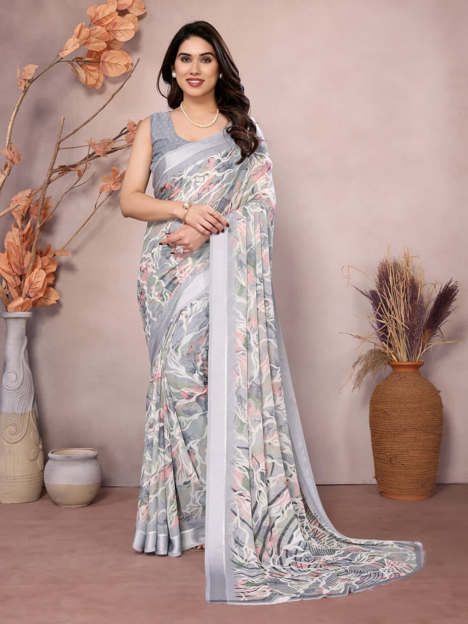 Nityapriya Gopi Floral Printed Satin Patta Saree with Blouse