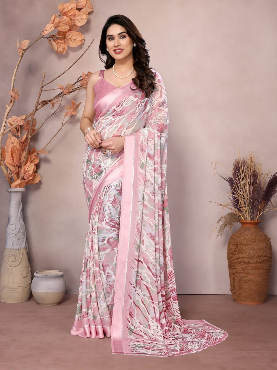 Nityapriya Gopi Floral Printed Satin Patta Saree with Blouse
