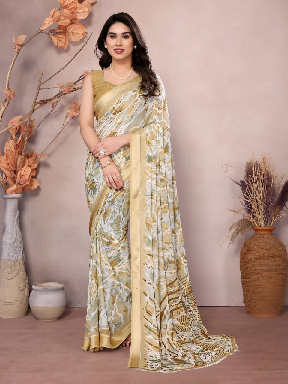 Nityapriya Gopi Floral Printed Satin Patta Saree with Blouse