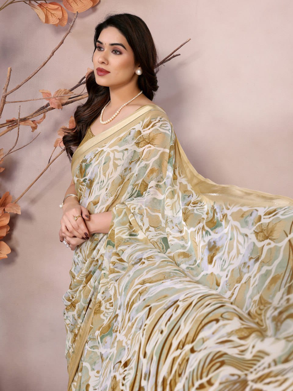 Nityapriya Gopi Floral Printed Satin Patta Saree with Blouse