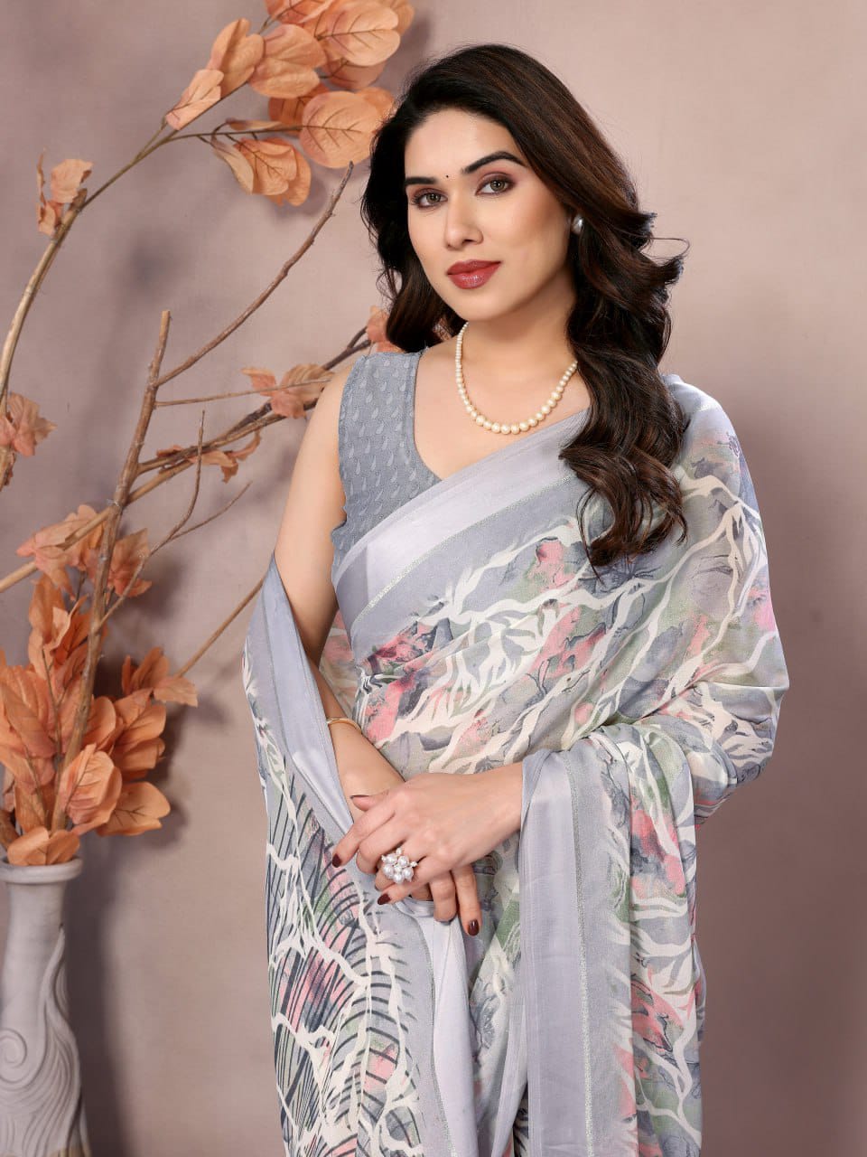 Nityapriya Gopi Floral Printed Satin Patta Saree with Blouse