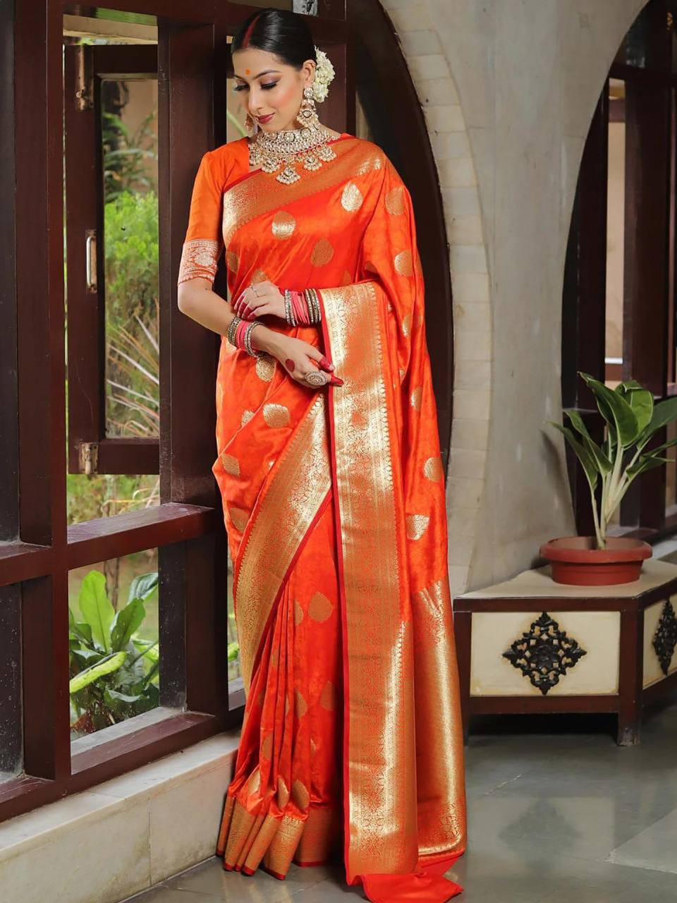 Rich Orange Lichi Silk Saree with Zari Jacquard Work & Contrast Border