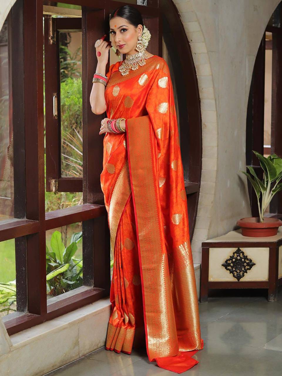 Rich Orange Lichi Silk Saree with Zari Jacquard Work & Contrast Border