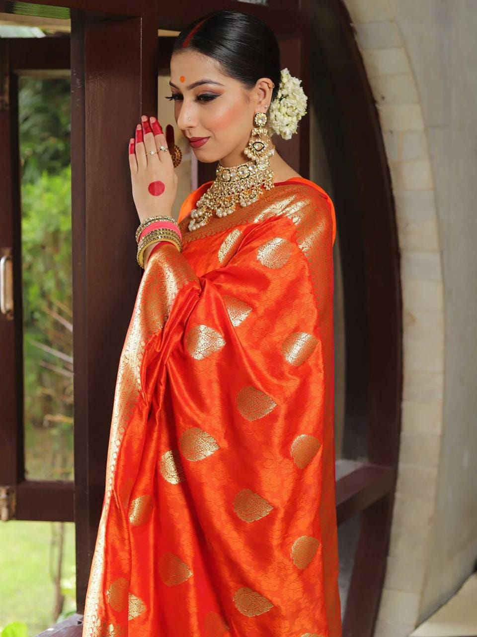 Rich Orange Lichi Silk Saree with Zari Jacquard Work & Contrast Border