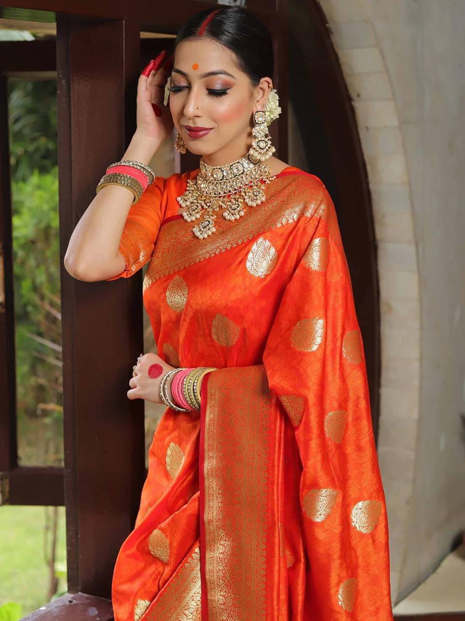 Rich Orange Lichi Silk Saree with Zari Jacquard Work & Contrast Border