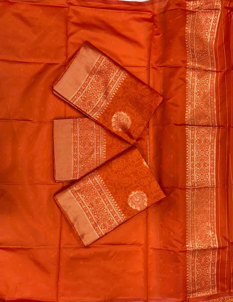 Rich Orange Lichi Silk Saree with Zari Jacquard Work & Contrast Border
