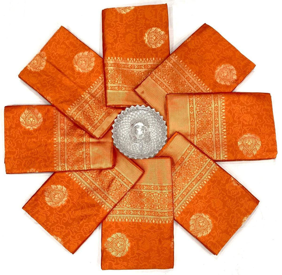 Rich Orange Lichi Silk Saree with Zari Jacquard Work & Contrast Border
